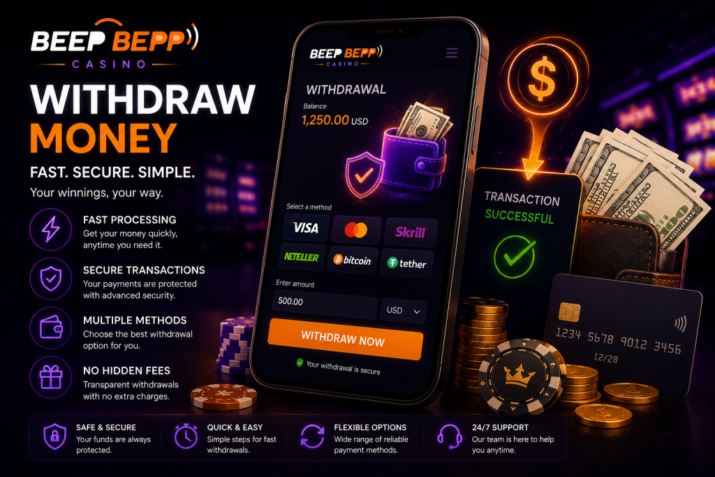 Secure withdrawal interface with digital wallet, cash, casino chips and payment icons