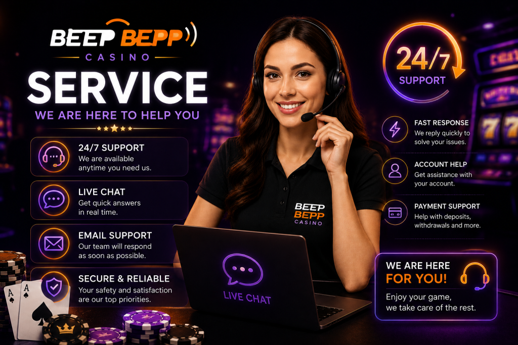 Customer support agent with headset, live chat interface and casino service icons