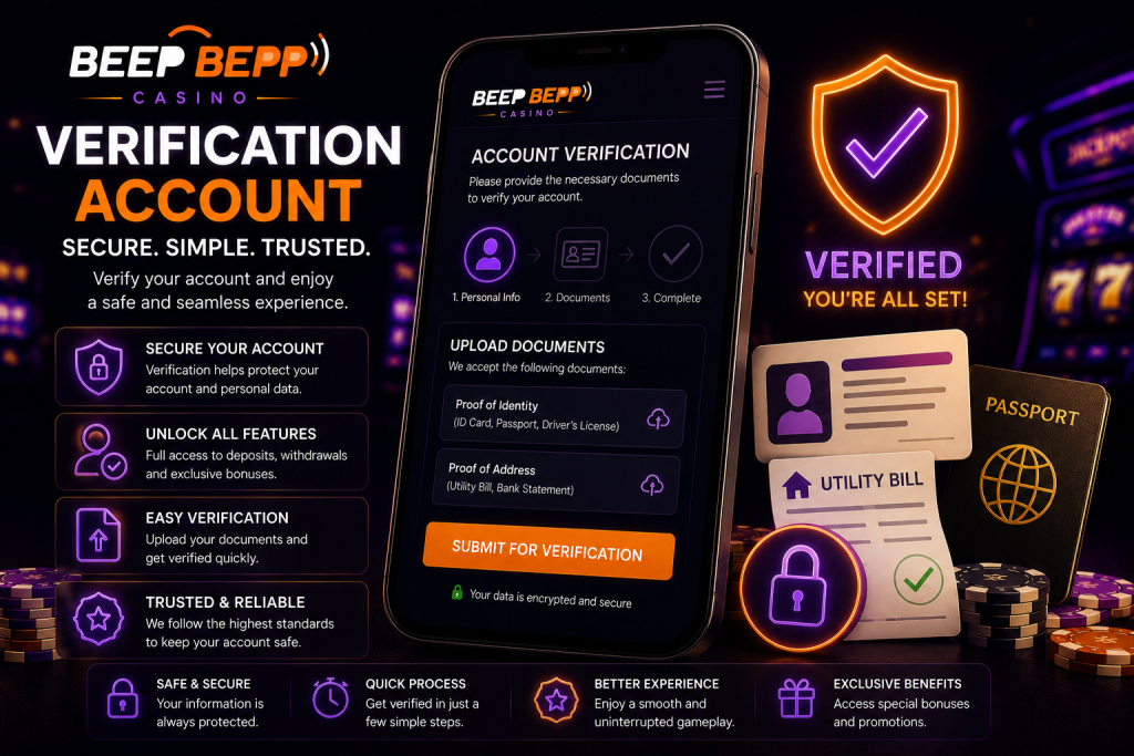Secure account verification interface with ID documents, shield icon and approval symbols