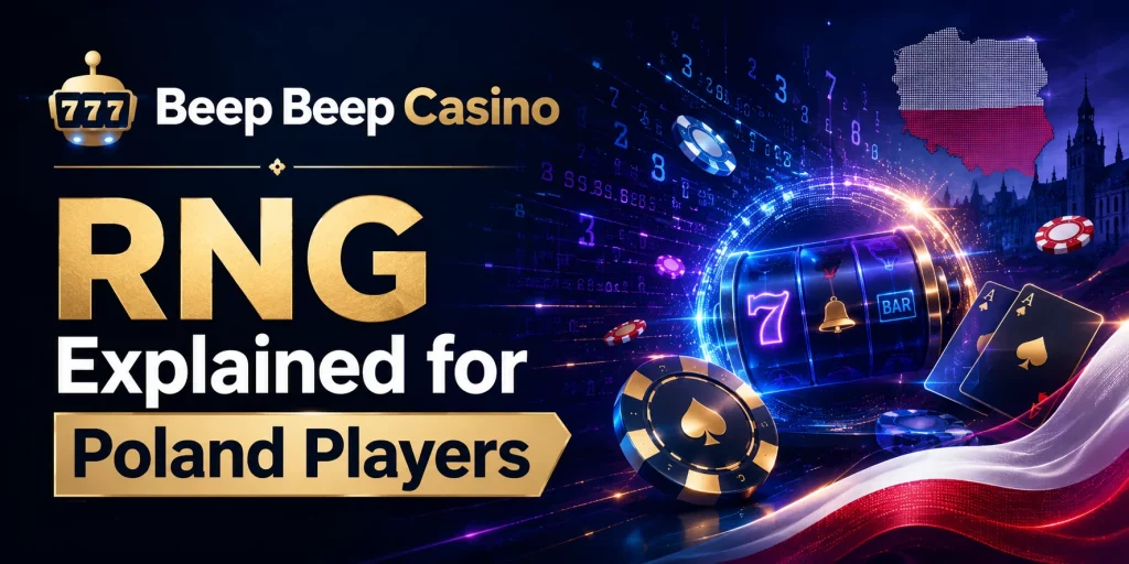 Beep Beep Casino How Online Casinos Work in Poland banner showing online casino interface, secure payments, licensing, player protection, and Poland-themed visuals