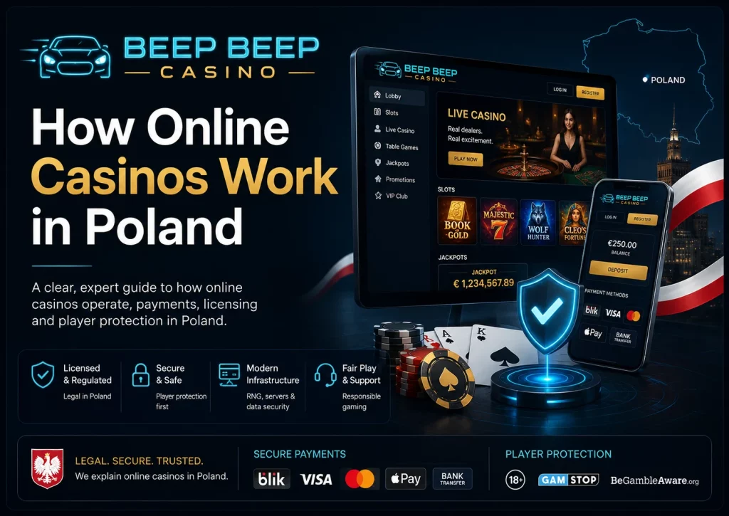 Beep Beep Casino How Online Casinos Work in Poland banner showing online casino interface, secure payments, licensing, player protection, and Poland-themed visuals