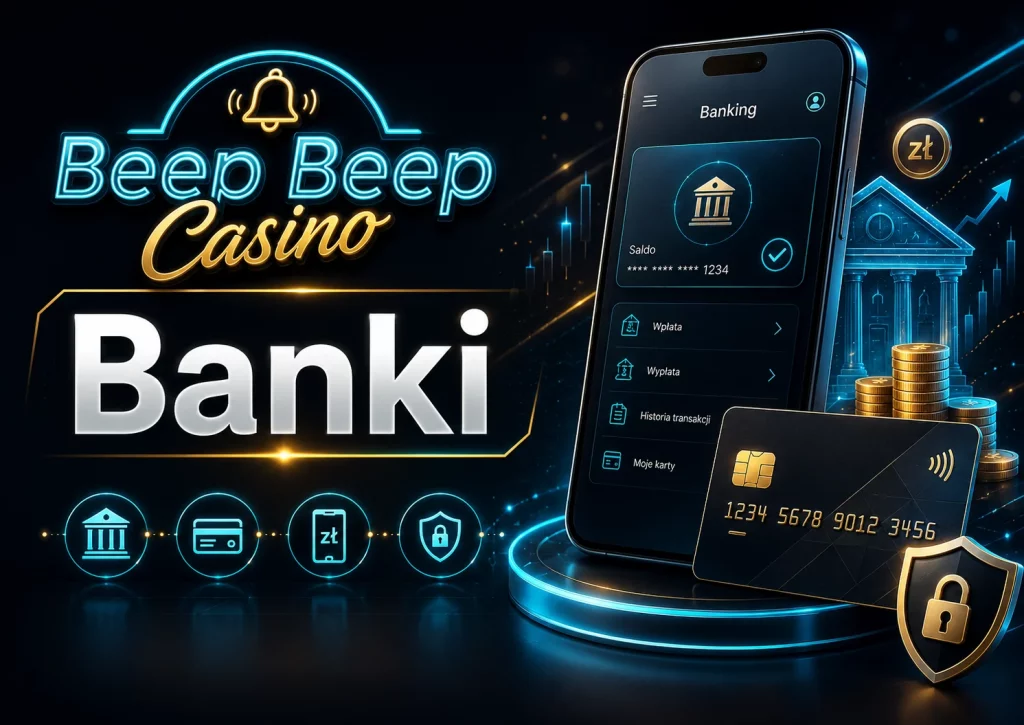 Beep Beep Casino Banki banner showing secure online banking, payment cards, digital transactions, and financial safety for Polish players